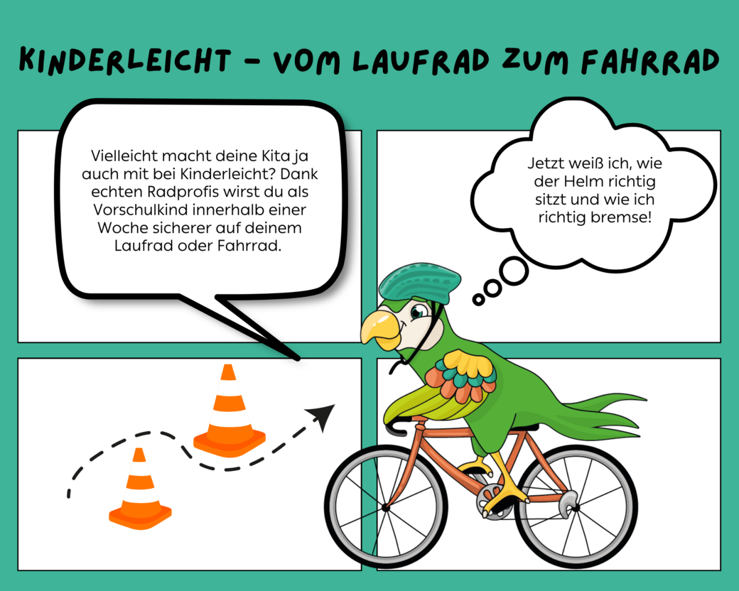 Comic-Erklärung des Projekts "Kinderleicht - vom Laufrad zum Fahrrad"